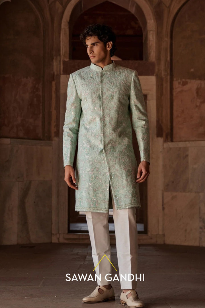 Sea green threadwork sherwani set