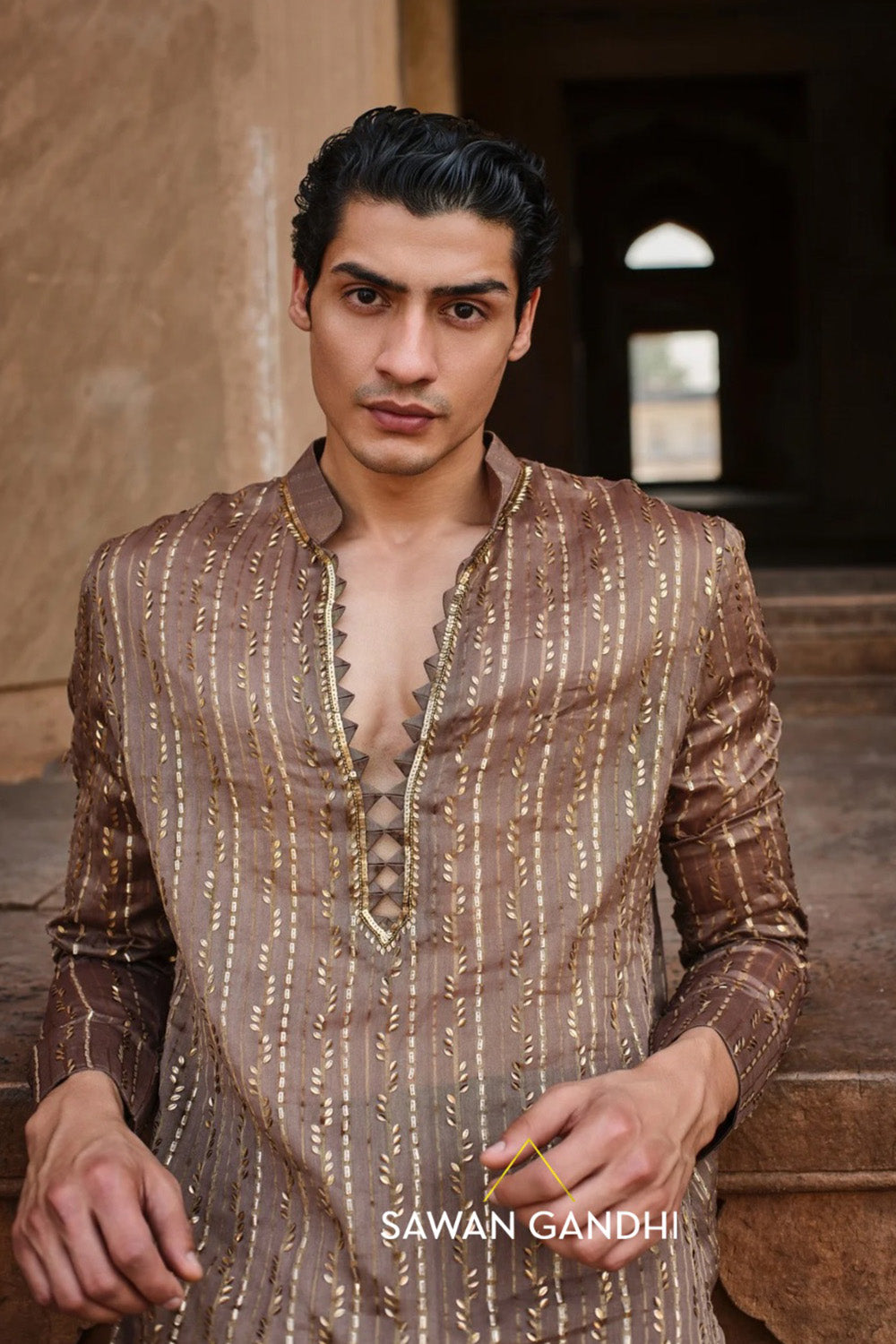 Olive Brown Tissue kurta