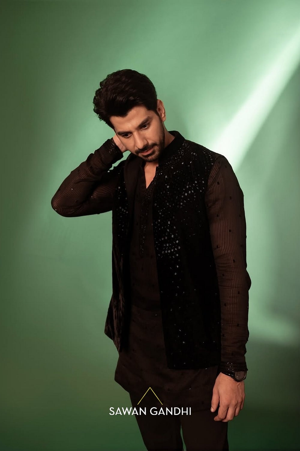 Pavail Gulati in Black Velvet Cutdana Nehru