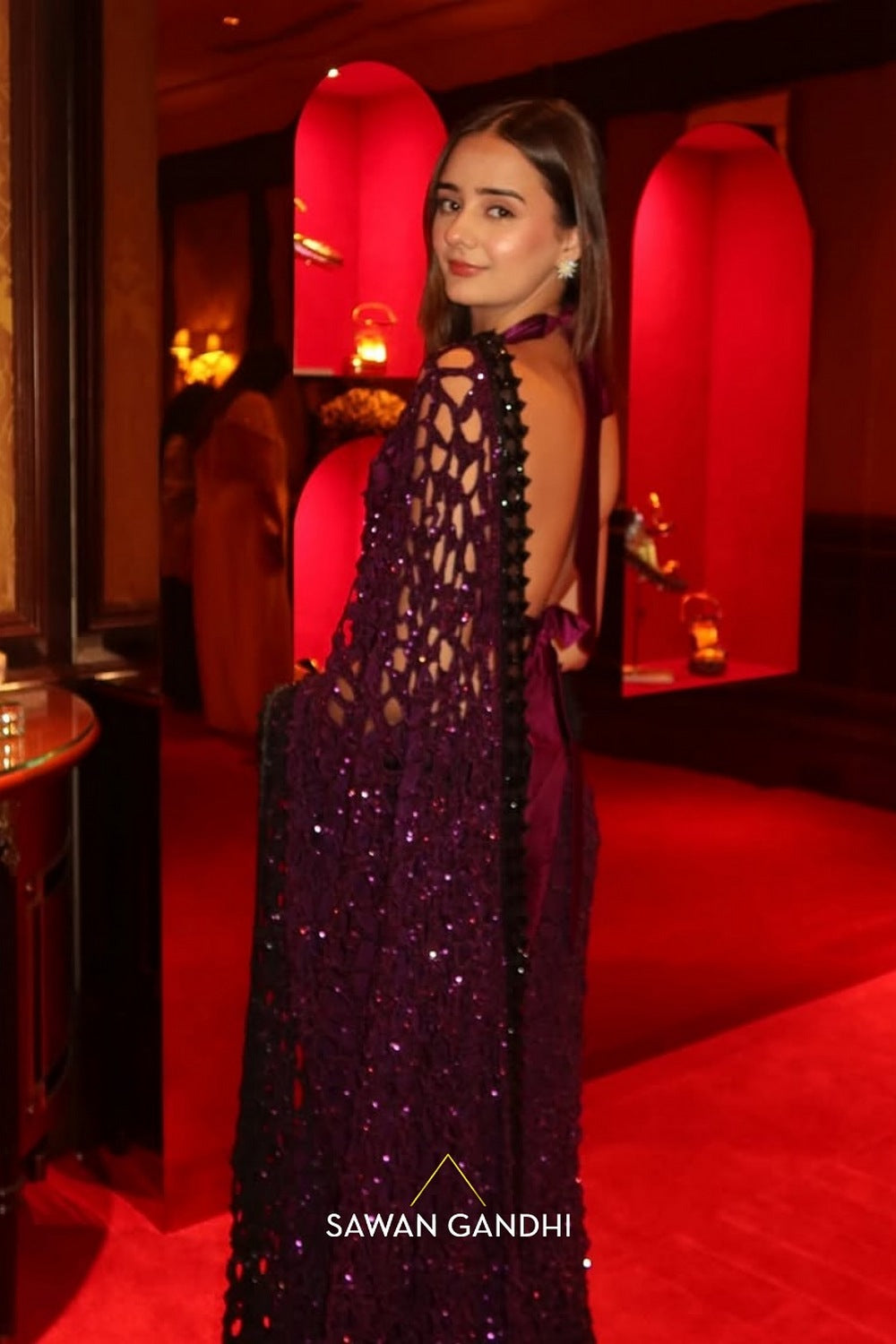 Anushka Mehra in Purple to black ombre cutwork saree