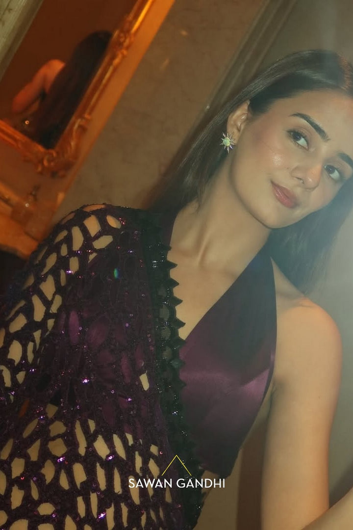 Anushka Mehra in Purple to black ombre cutwork saree