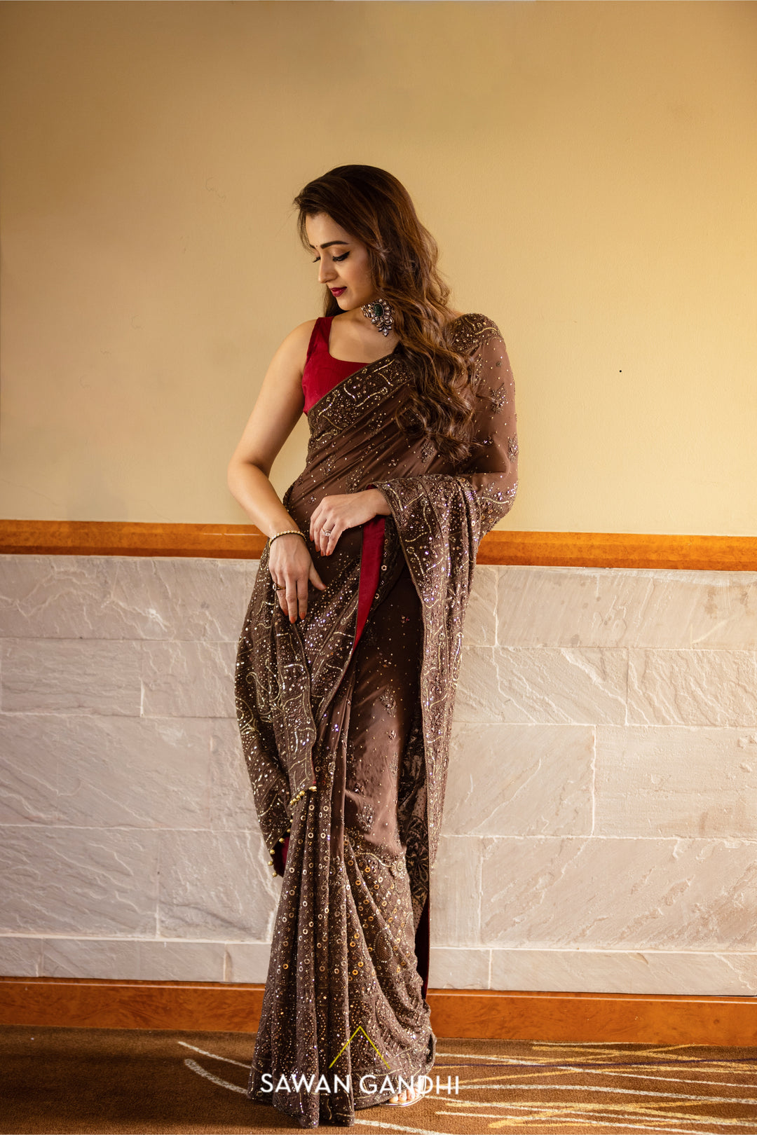 Trisha krishnan in Coffee Chikankari saree