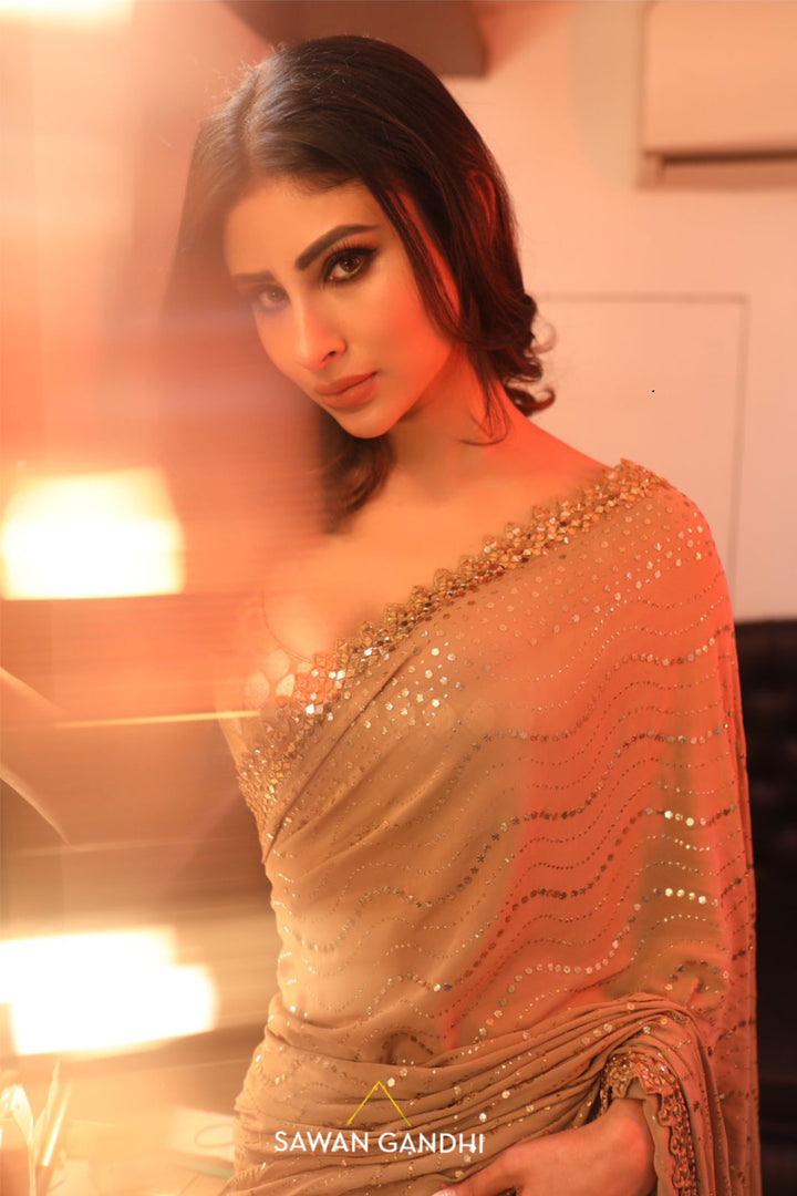 Mouni Roy in Golden mukaish saree