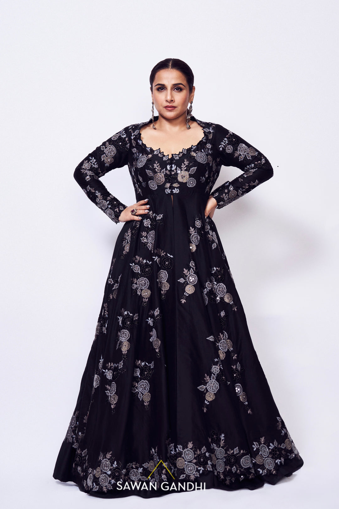 Vidya Balan in Black appliqué cape