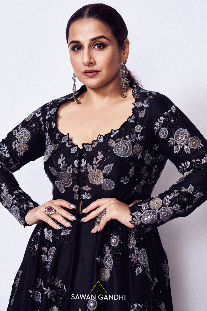 Vidya Balan in Black appliqué cape