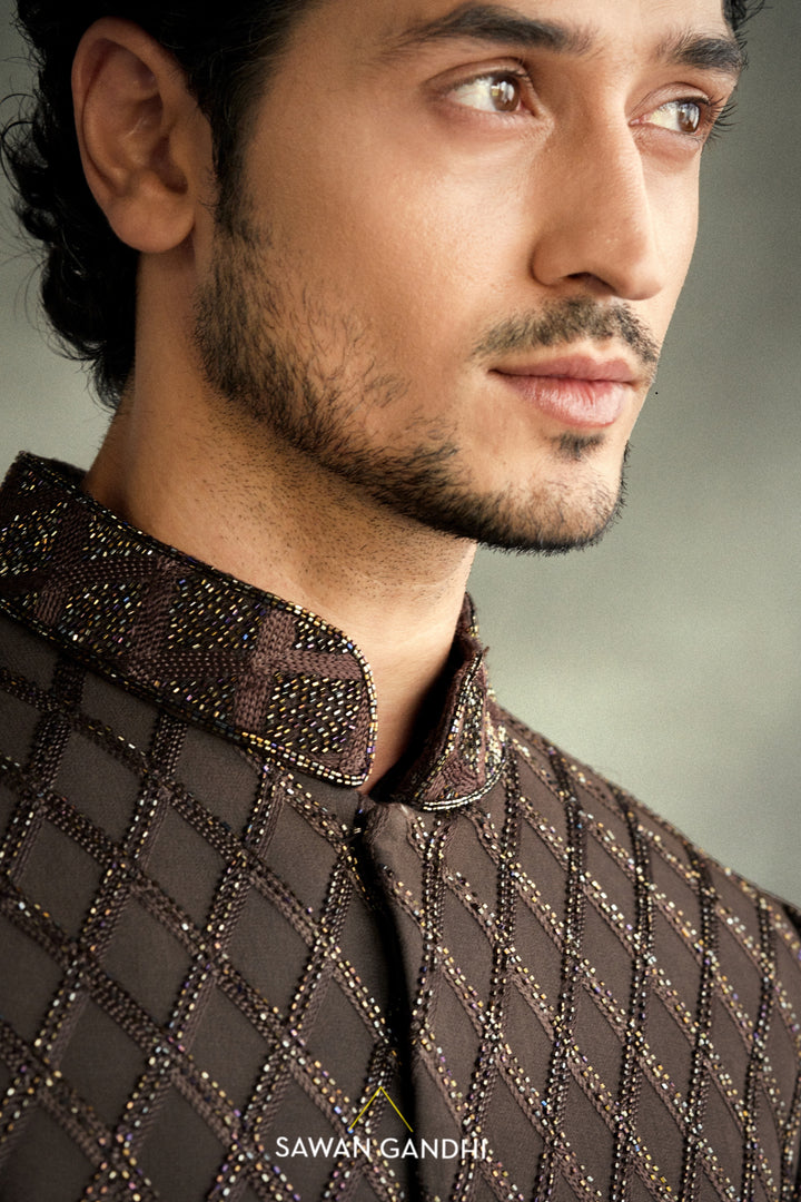 Taupe black ombre cutdana work sherwani