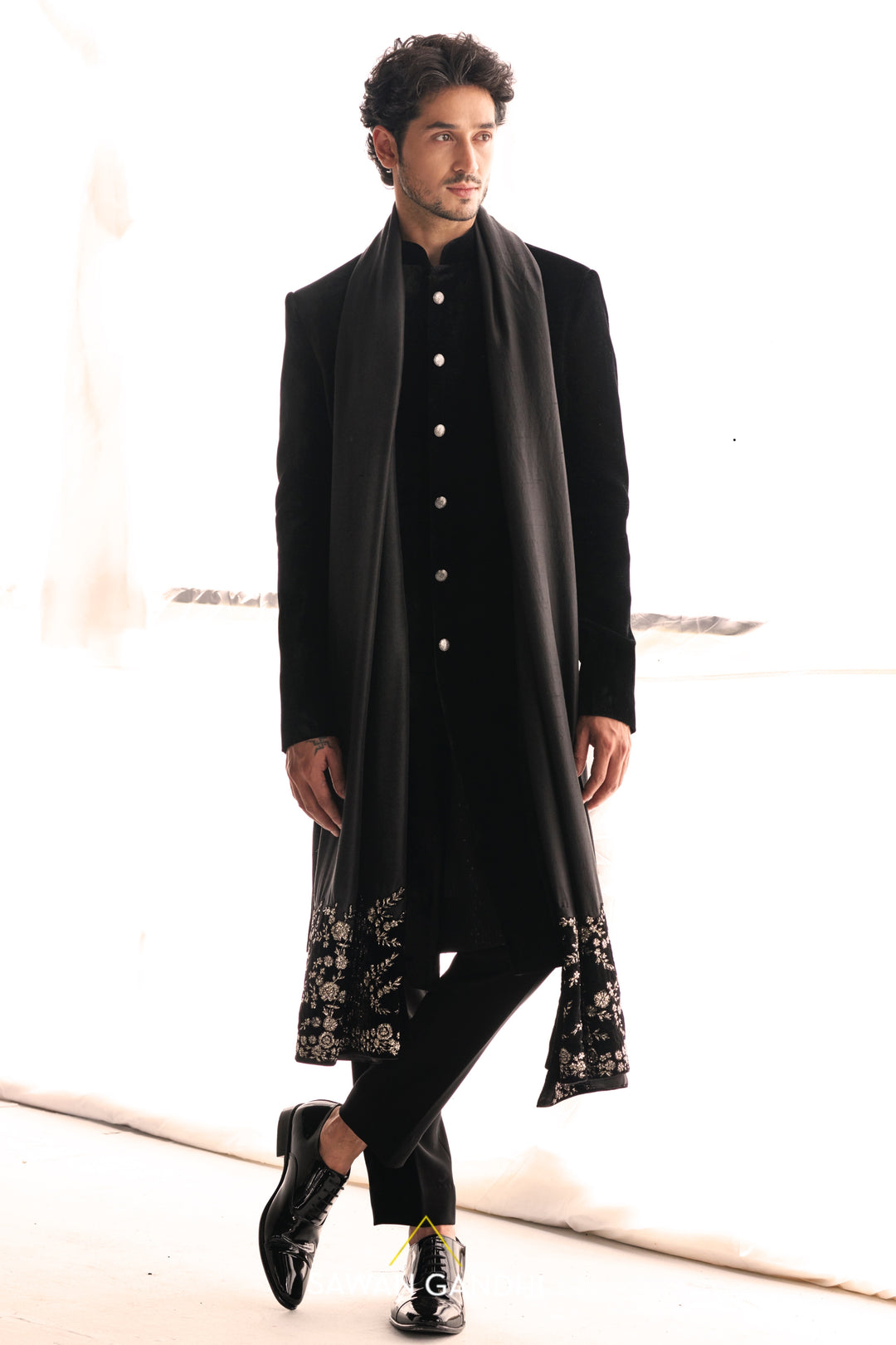 Black velvet sherwani