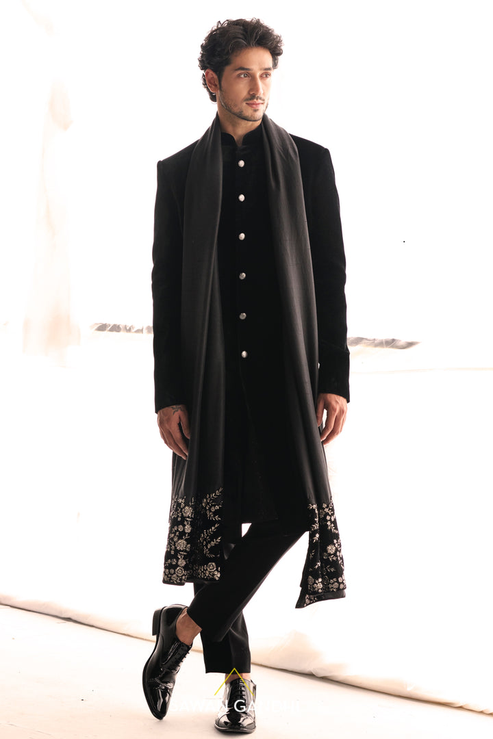 Black velvet sherwani