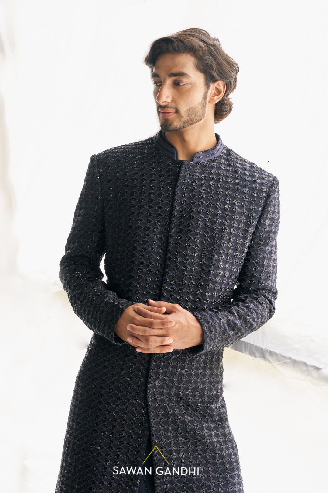Blue fish scale cutdana sherwani