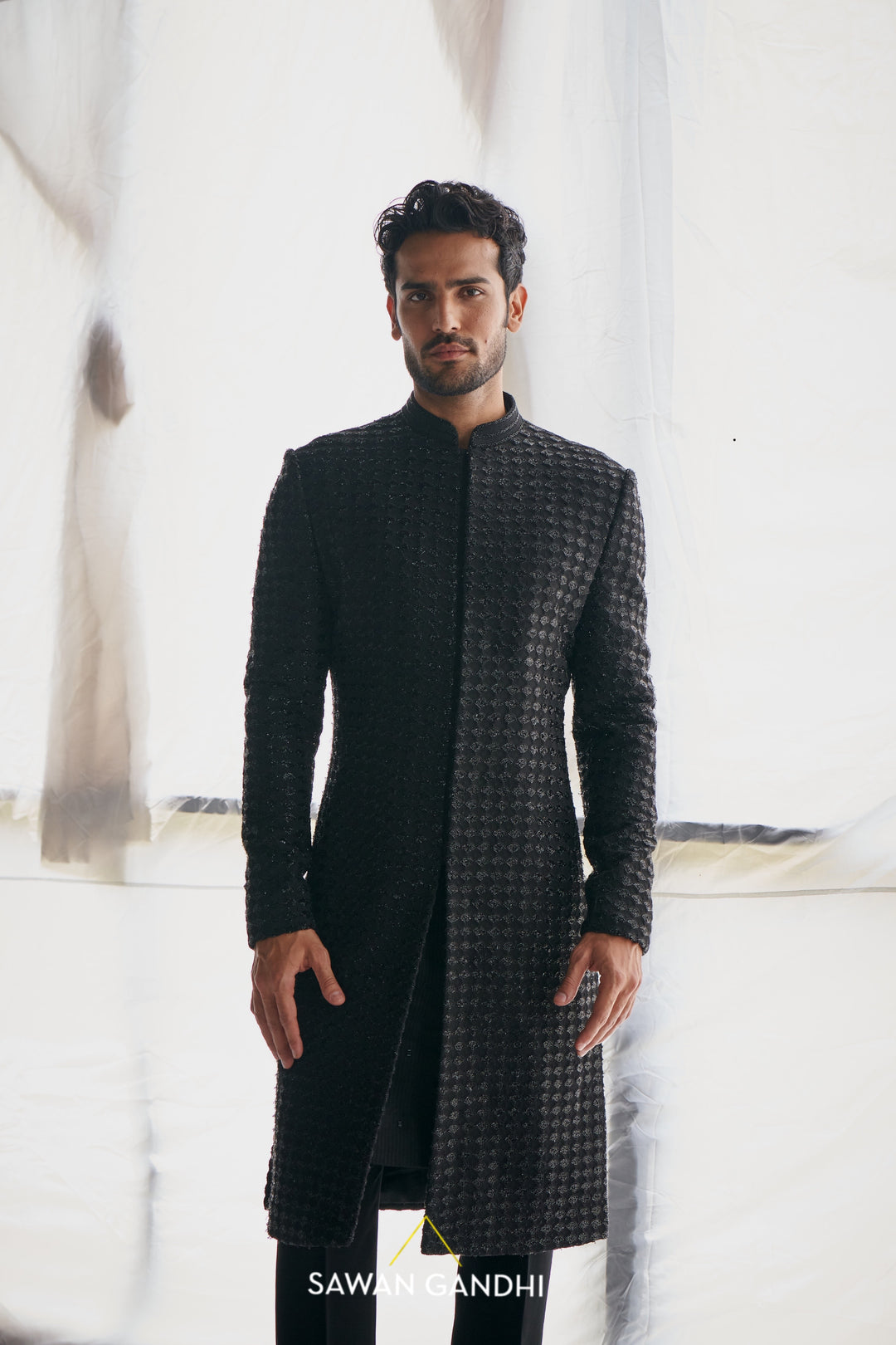 Black fish scale cutdana sherwani