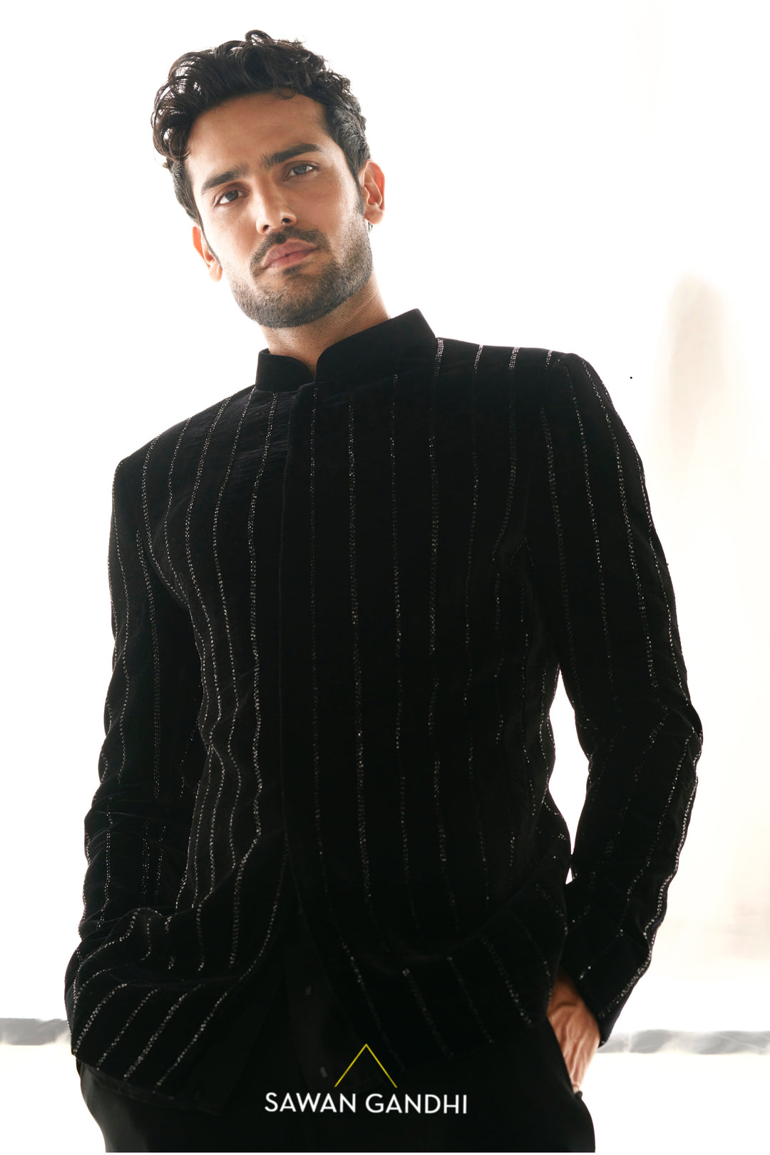 Black velvet cutdana stripe bandhgala