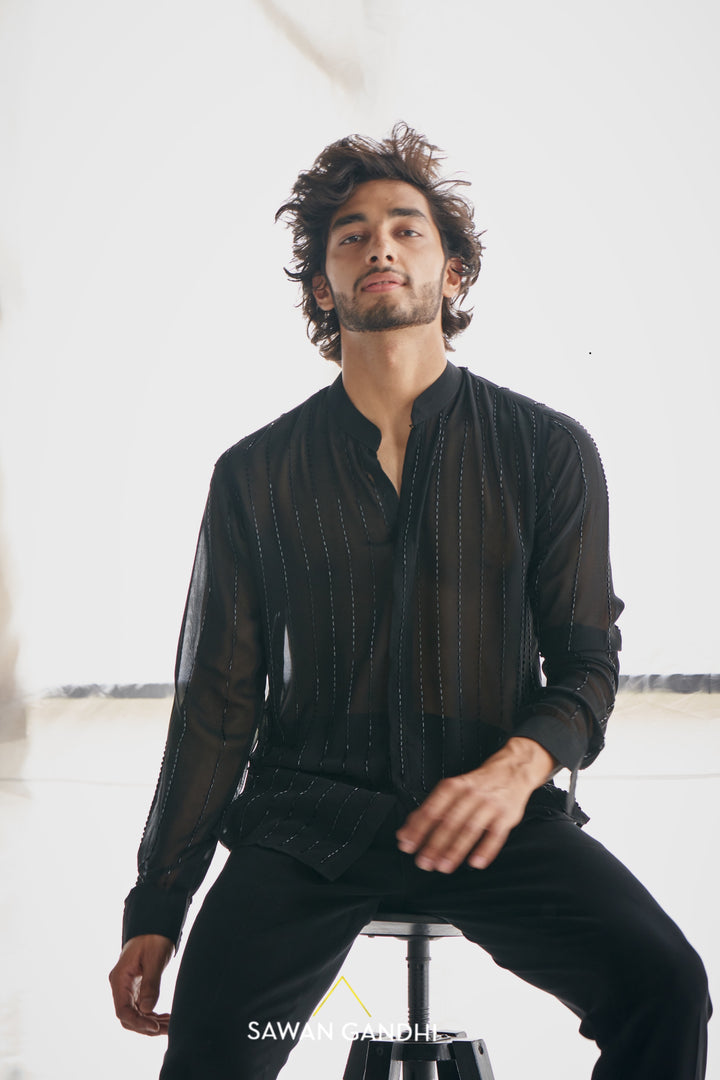 Black cutdana stripe shirt