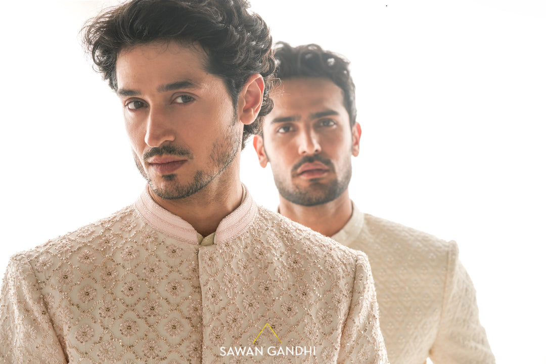 Ivory pink Chikankari sherwani