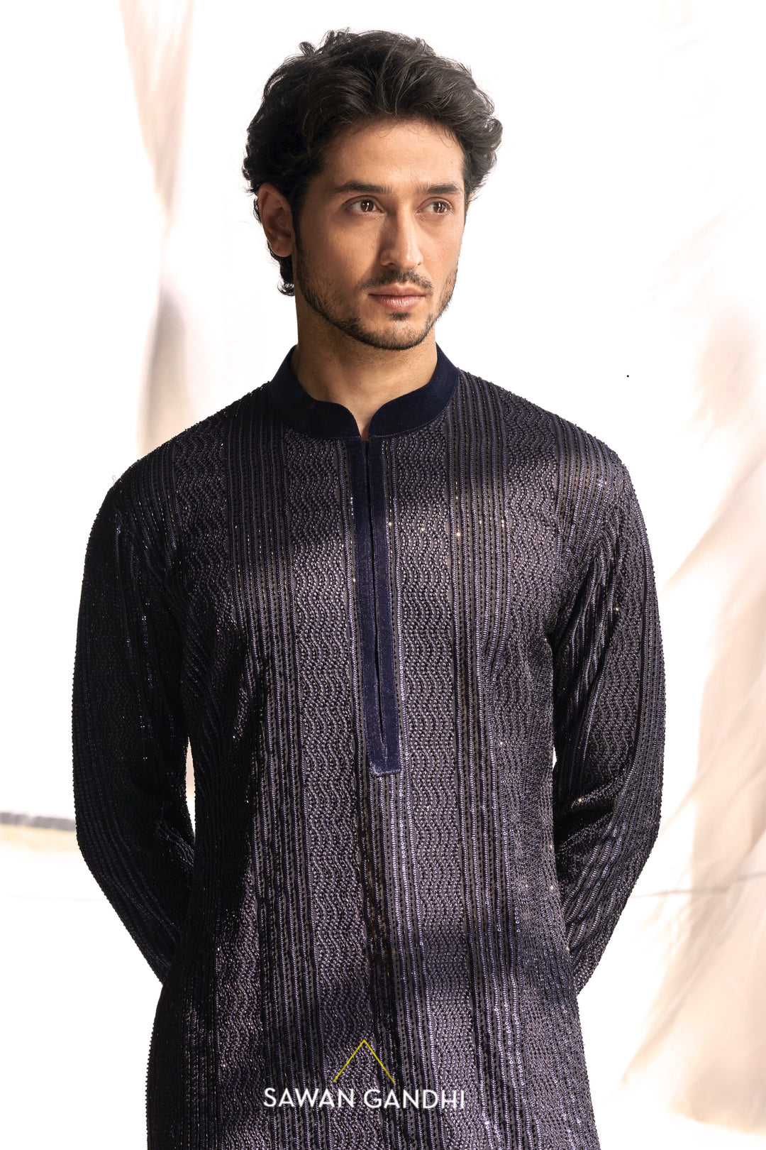 Blue cutdana thread work kurta