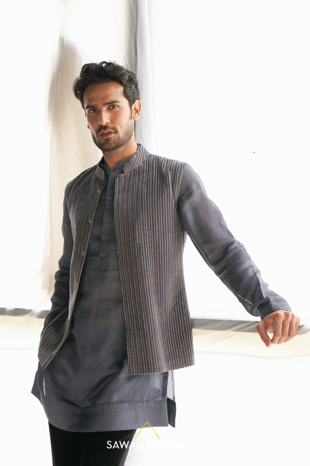 Grey velvet cutdana nehru