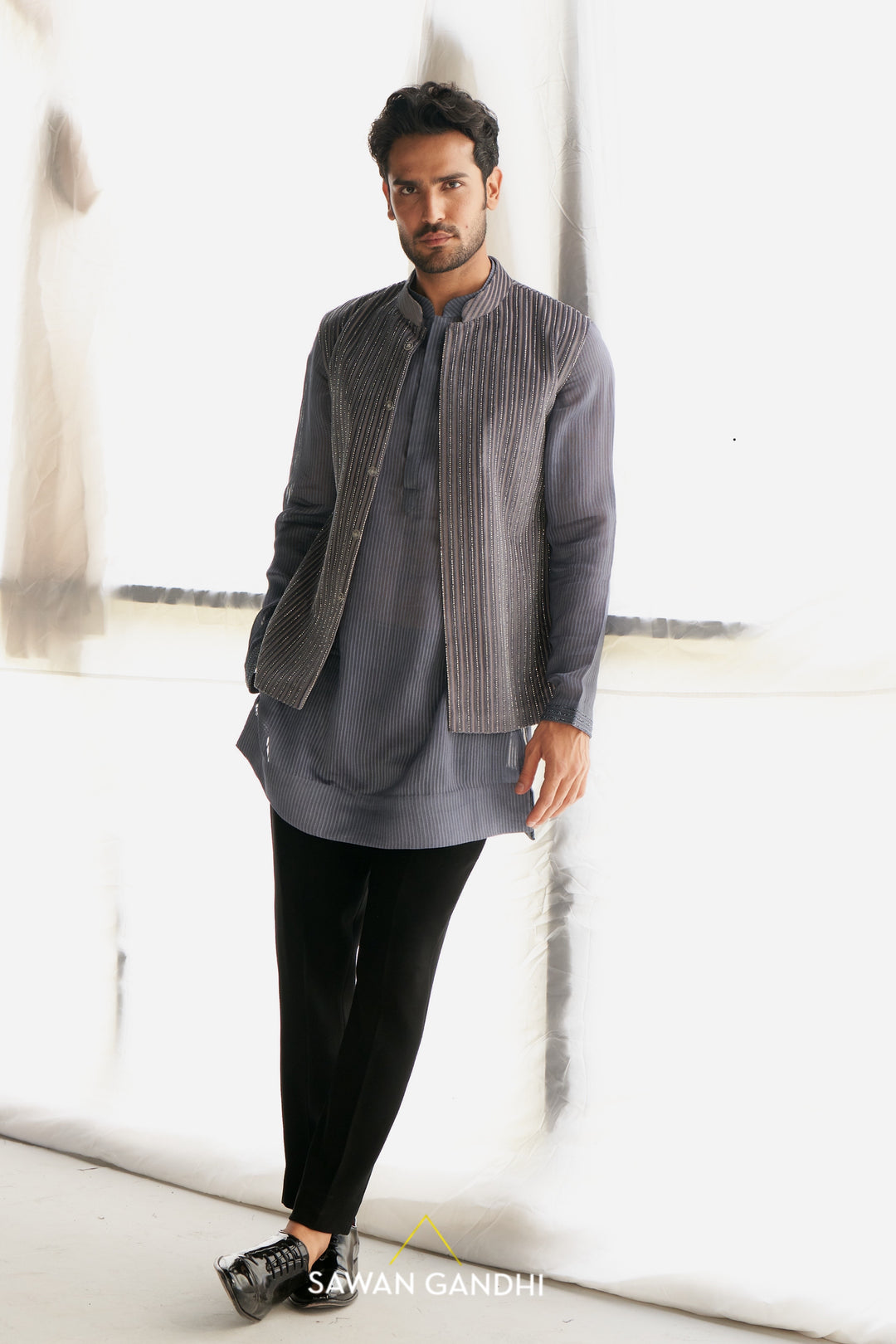 Grey velvet cutdana nehru