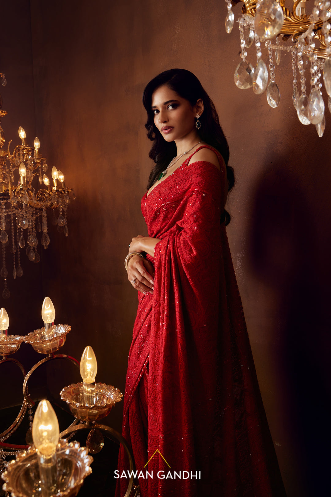 Scarlet chikankari saree