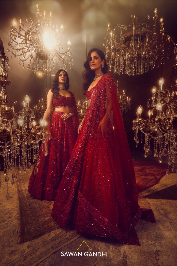 Crimson floral cutdana lehenga