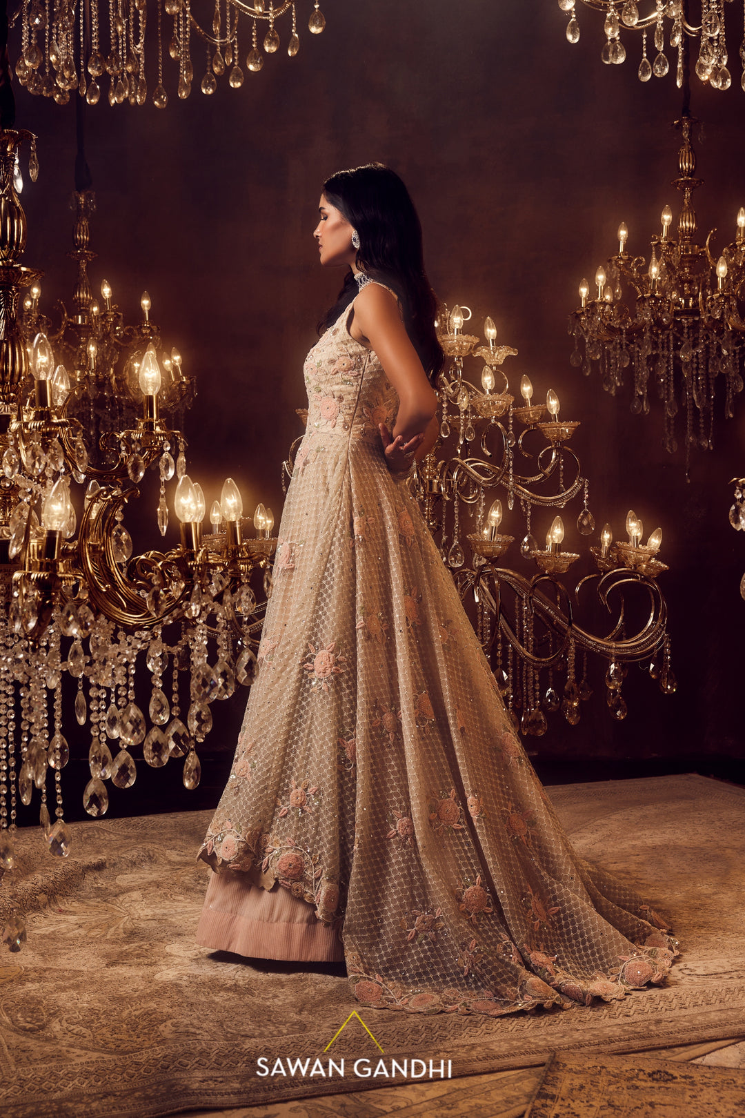 Ivory pink appliqué cape and lehnga set