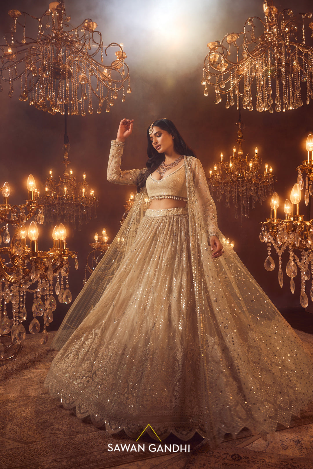 Bone beige cape jacket and lehnga set
