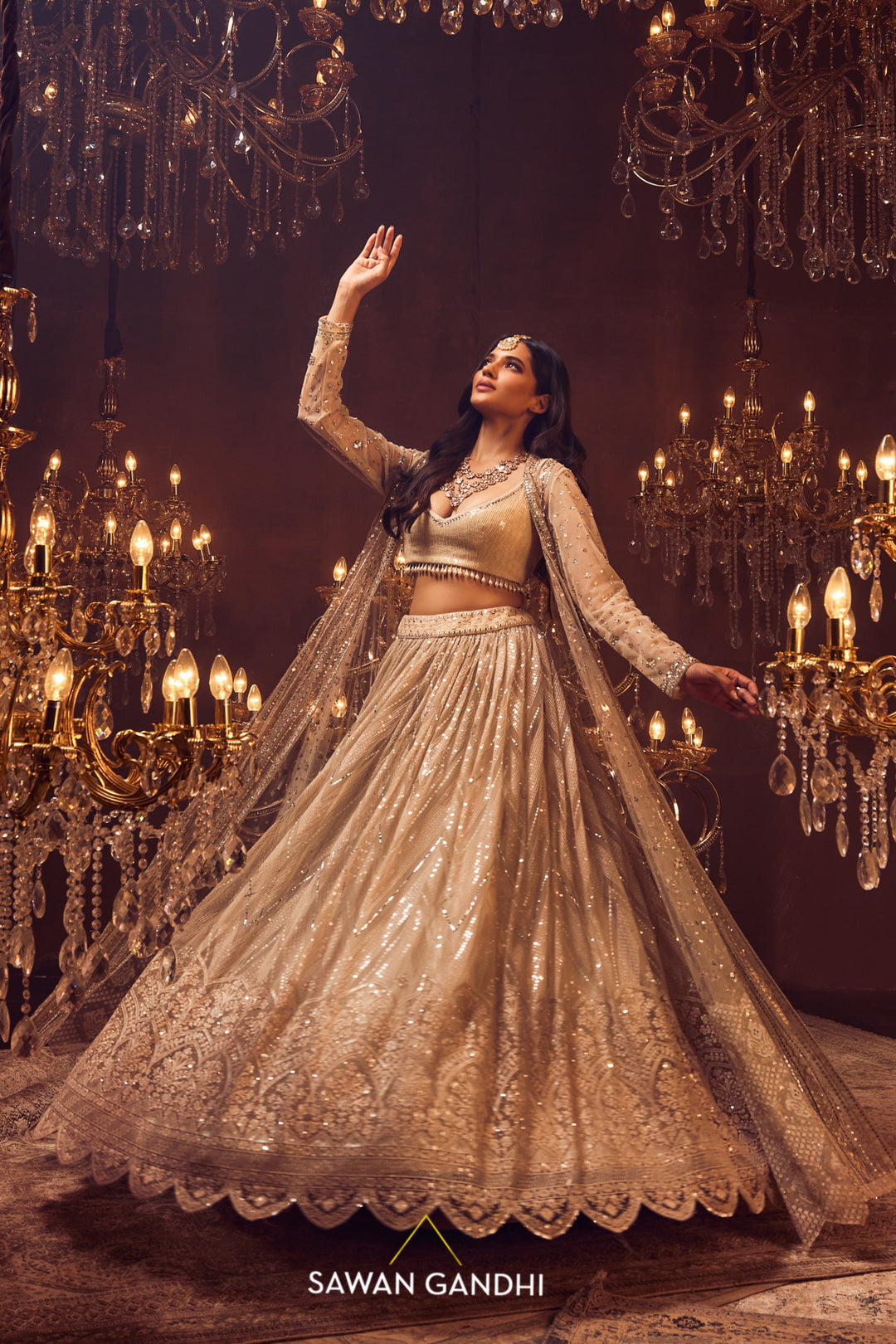 Bone beige cape jacket and lehnga set