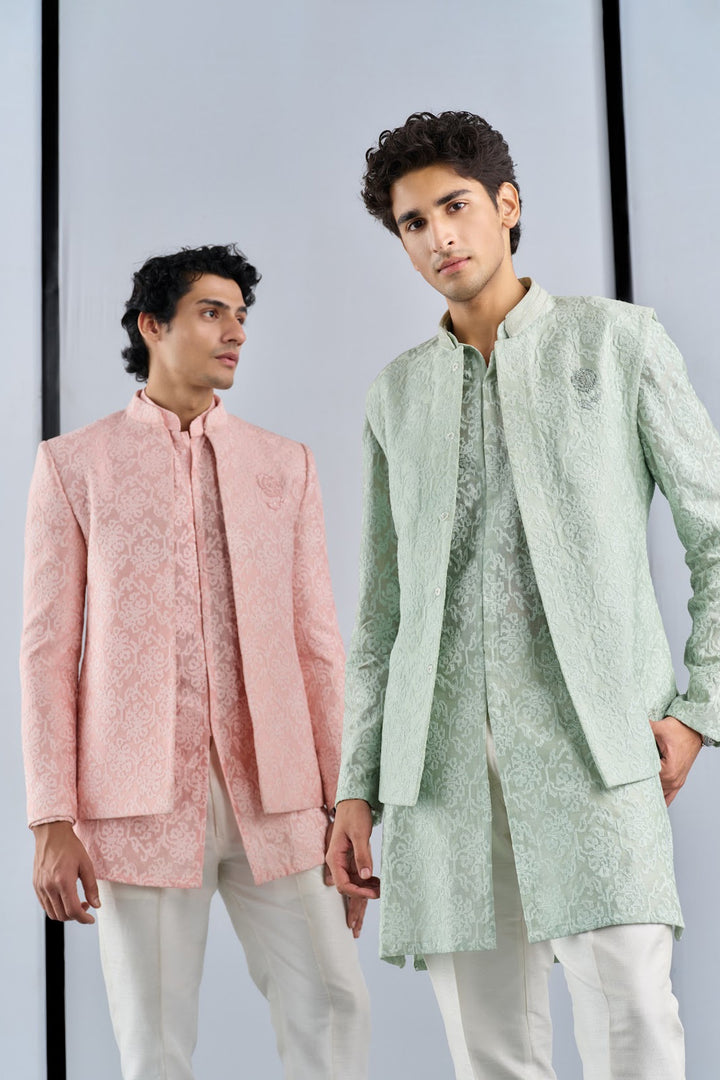 Sage green cross-stitch nehru set