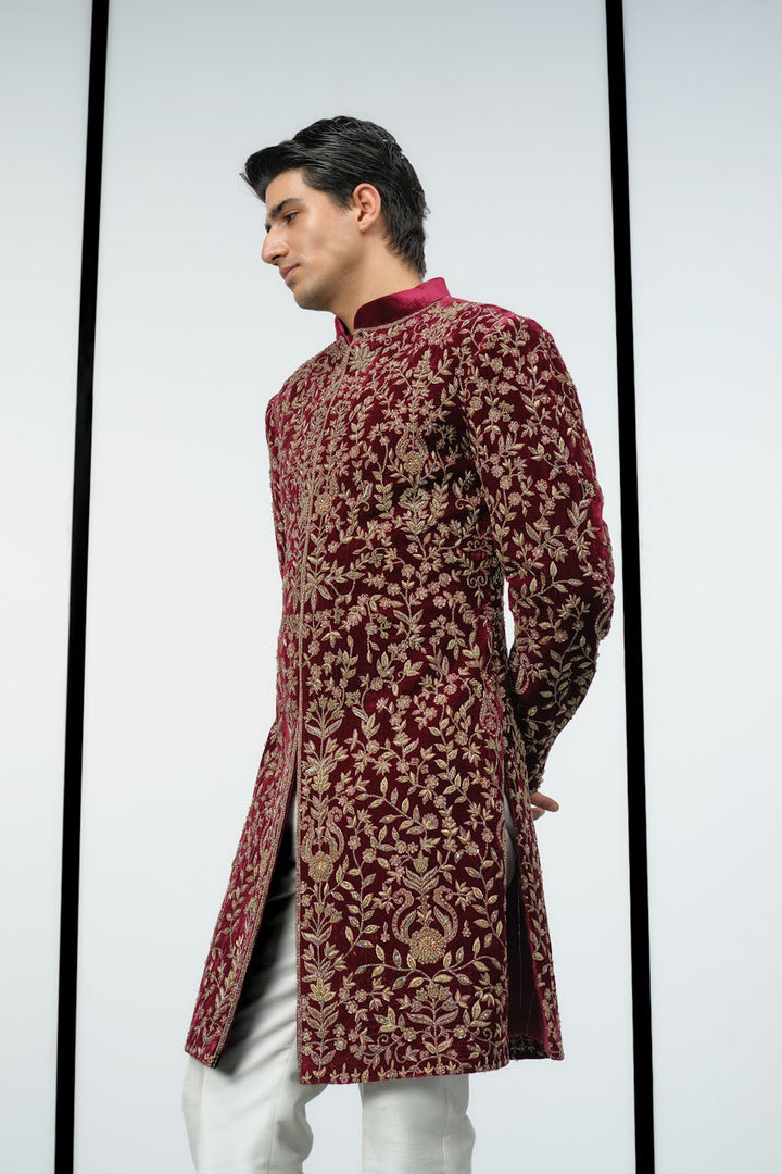 Maroon velvet sherwani