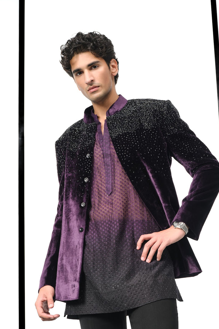 Wine velvet bandhgala set