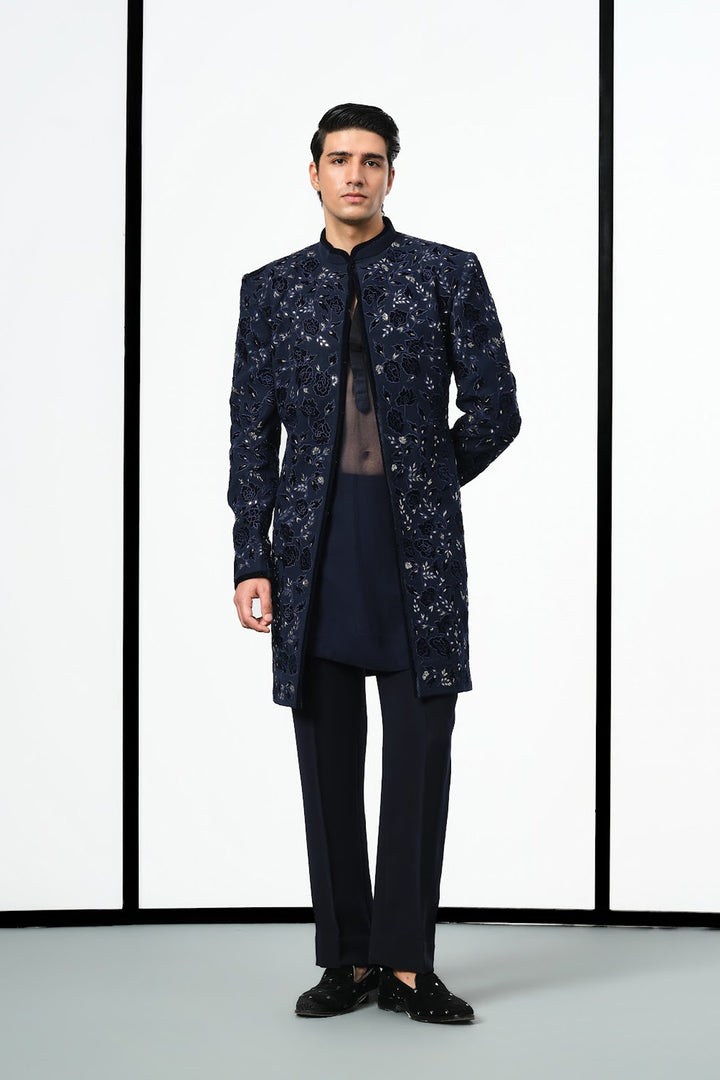 Navy applique floral jaal indowestern