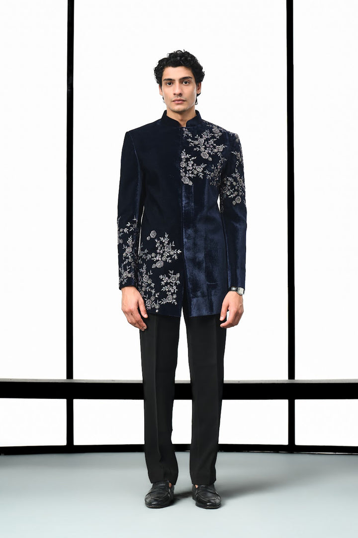 Navy shoulder placement floral bandhgala indo