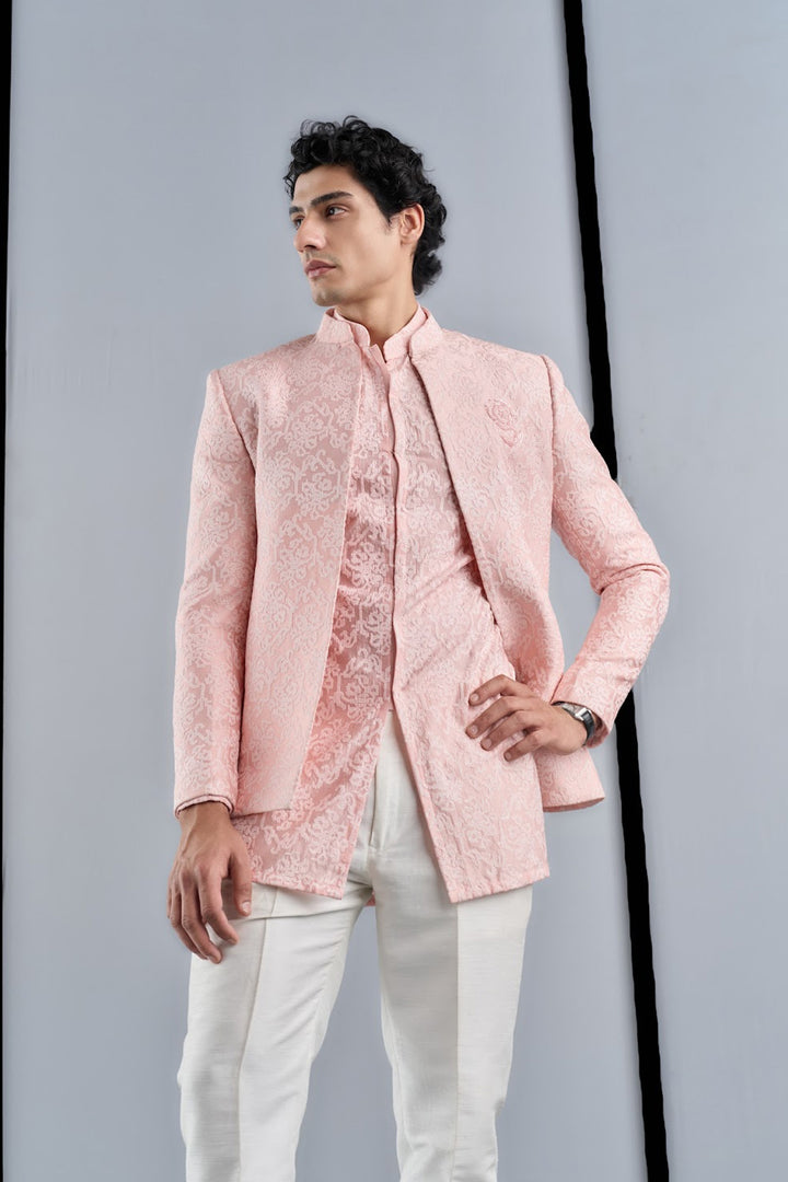 Peach pink cross-stitch kurta bandhgala set