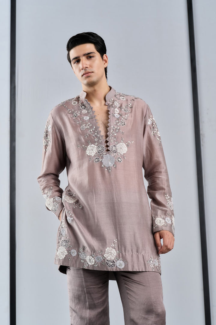 Taupe chandheri applique kurta with stole set