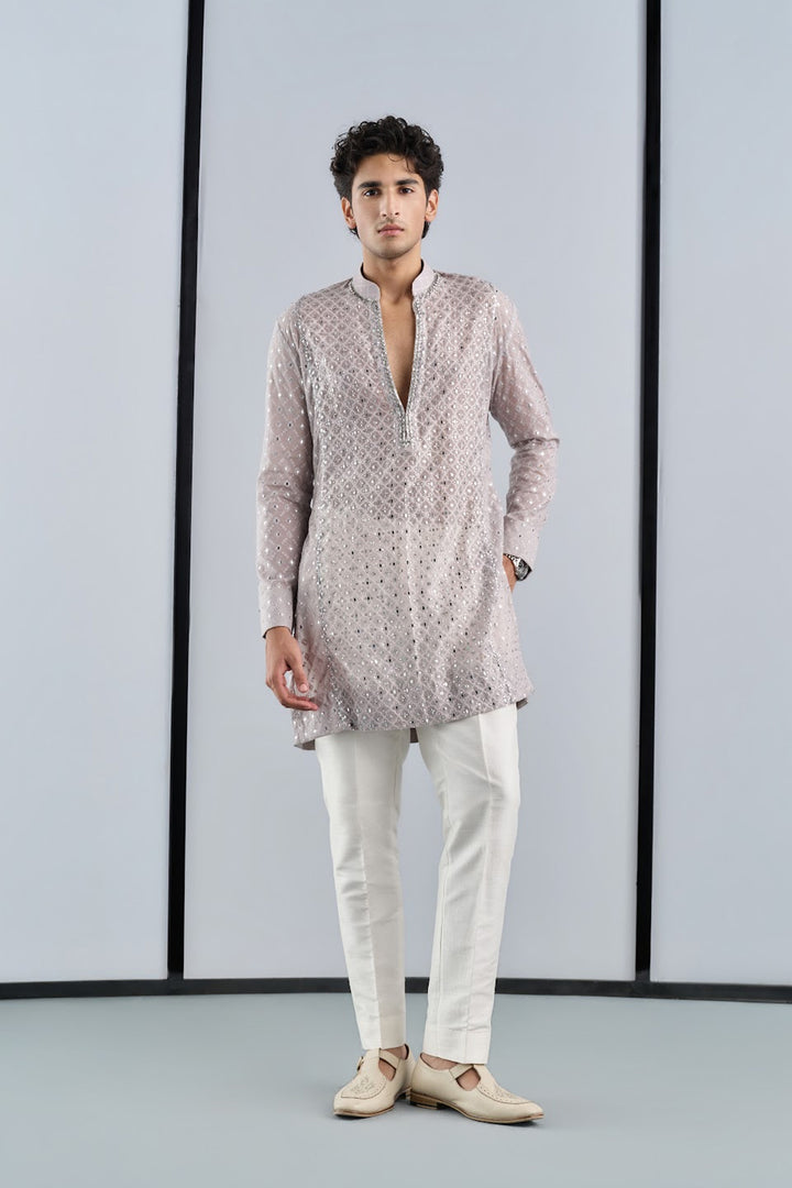 Self chandheri grey embellished kurta