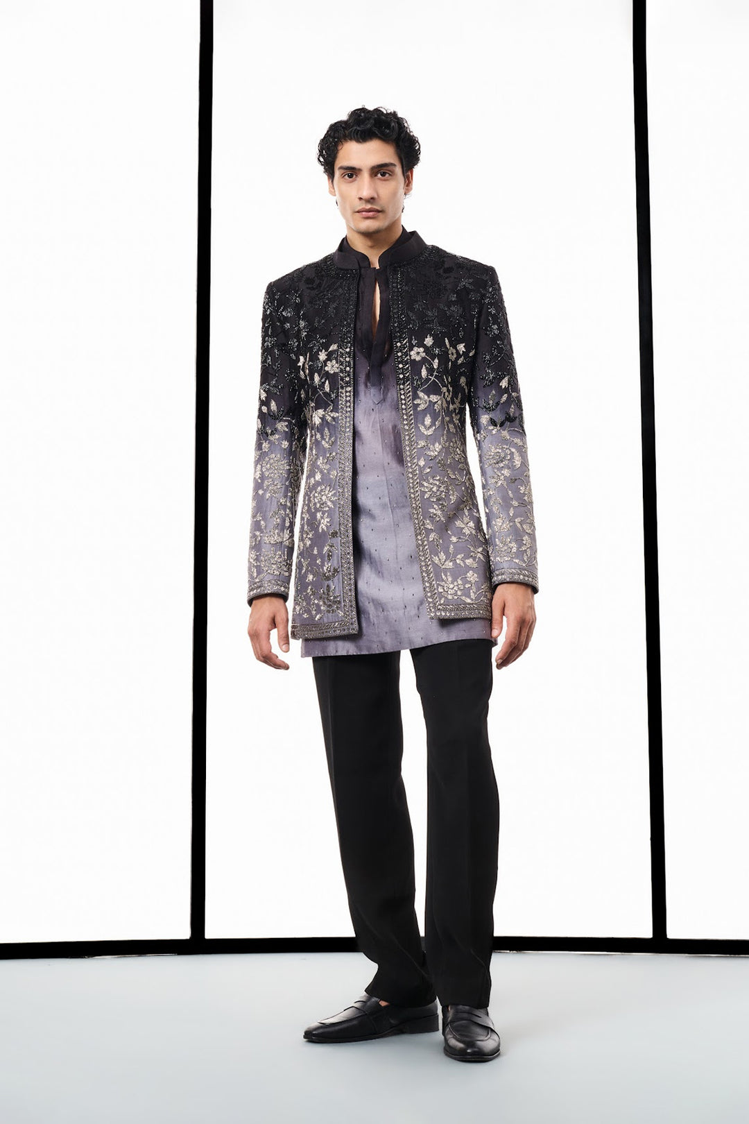 Ombre black to grey beaded indowestern set