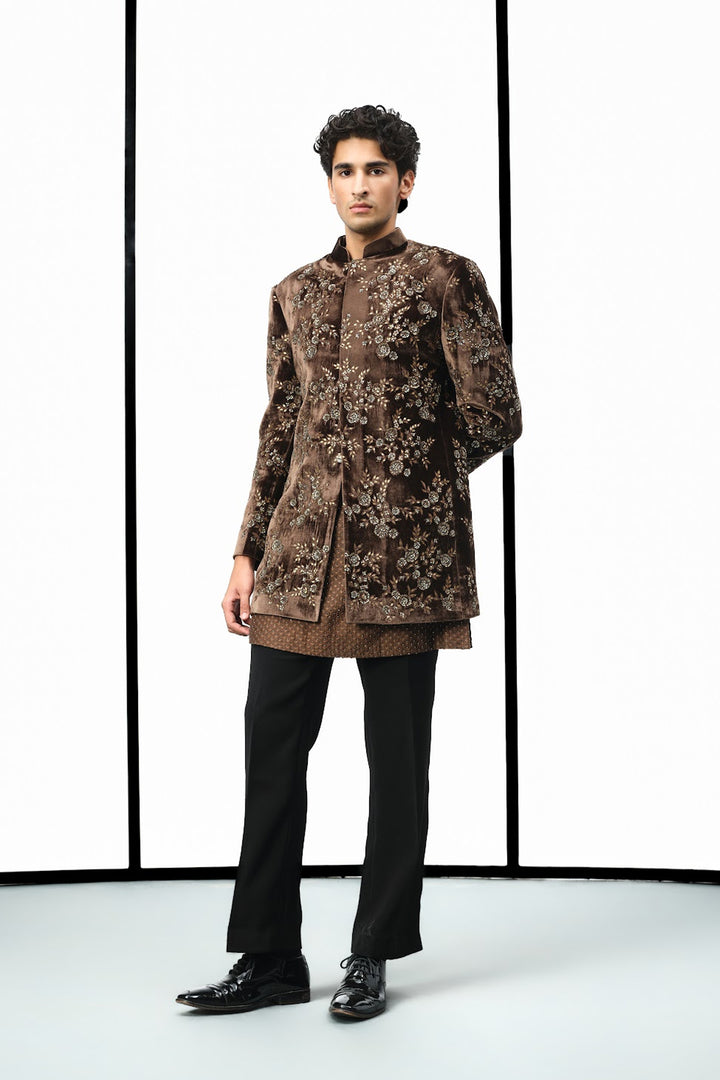 Coffee gold floral indowestern set