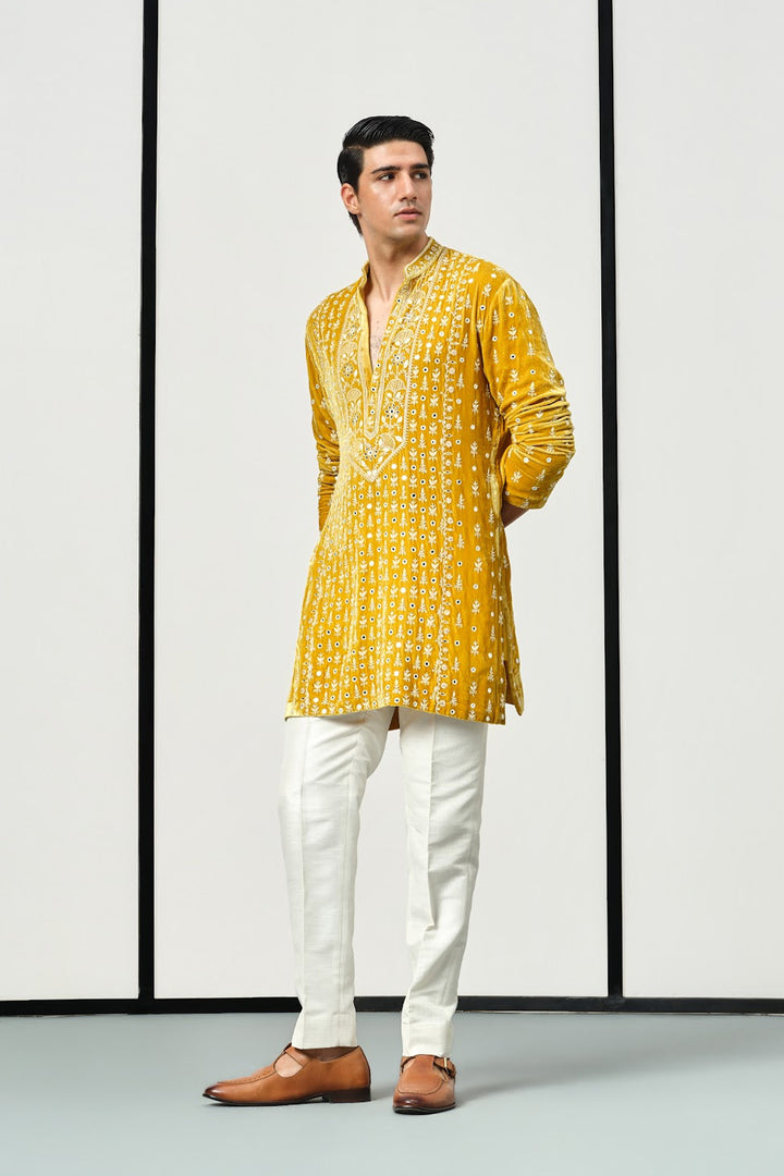 Mustard yellow velvet kurta