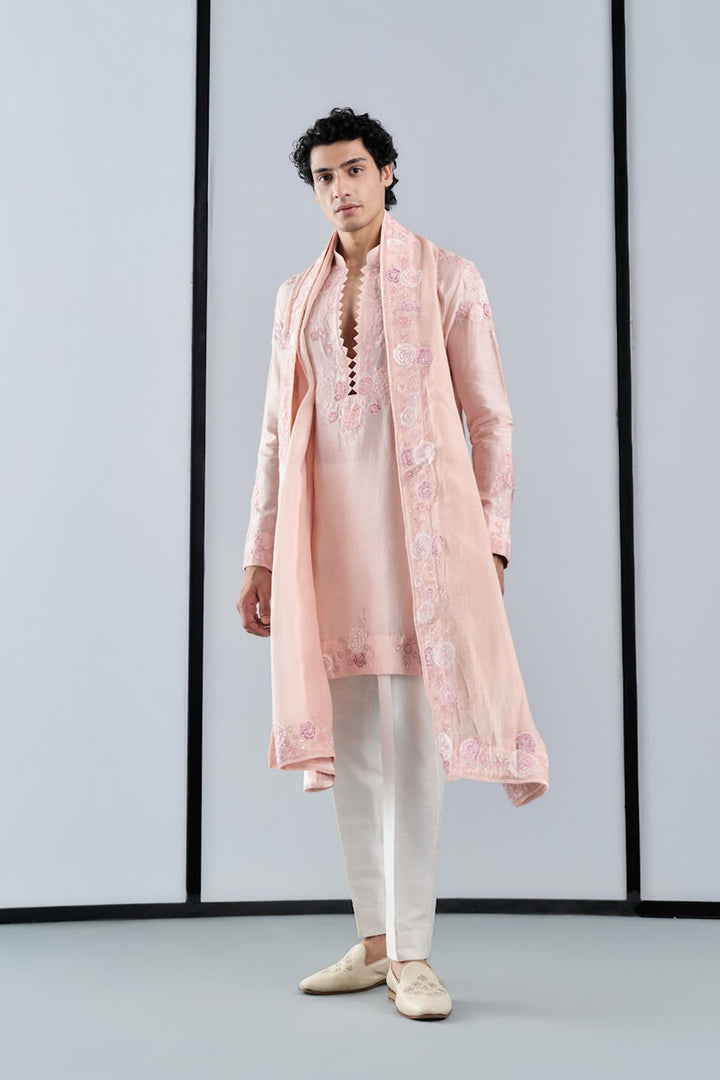 Pink applique work kurta with stole