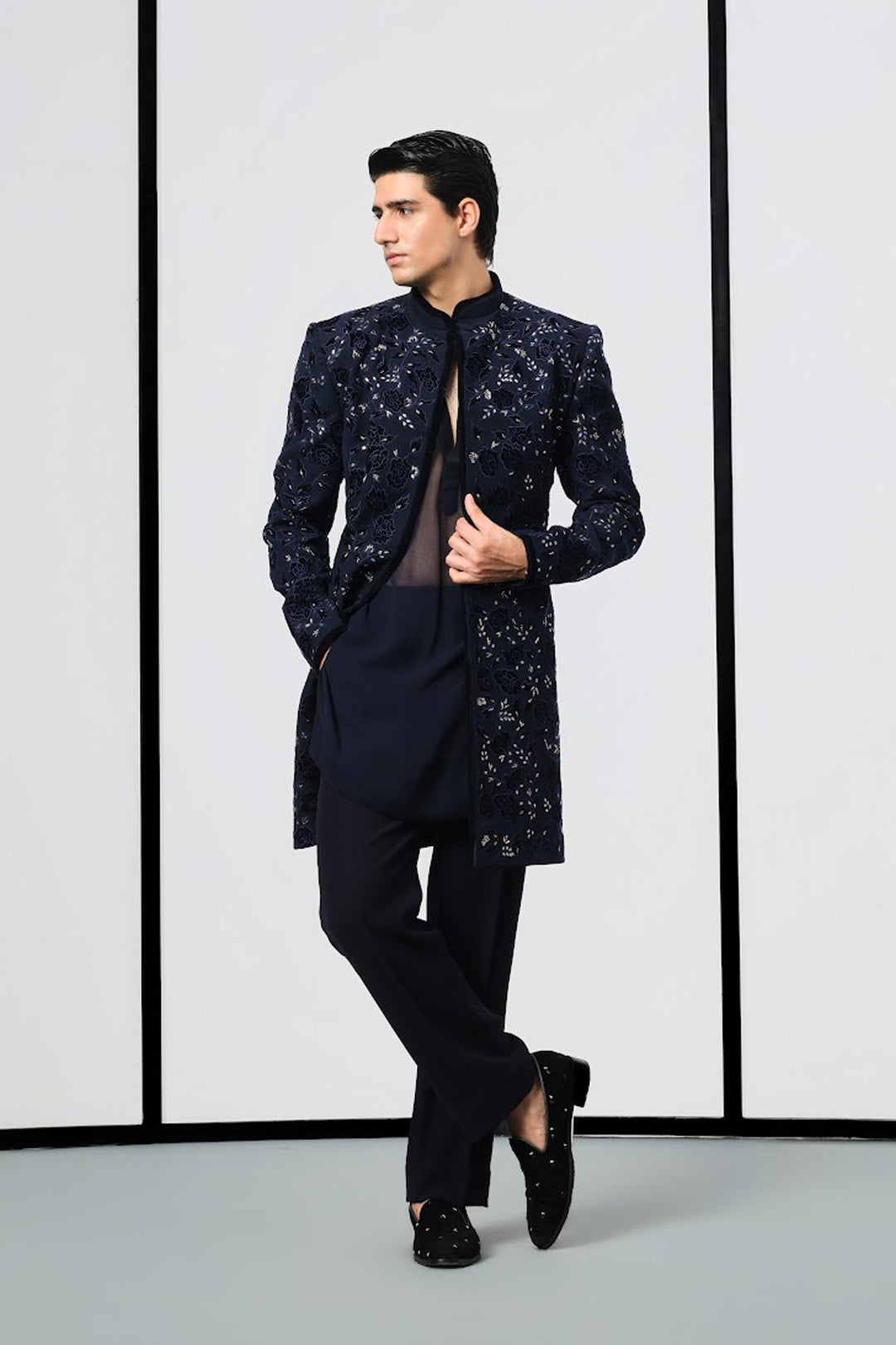 Navy applique floral jaal indowestern