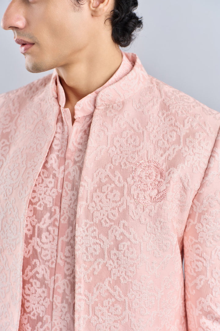 Peach pink cross-stitch kurta bandhgala set