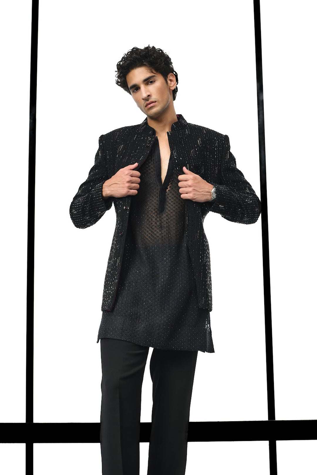 Black beaded bandhgala indowestern
