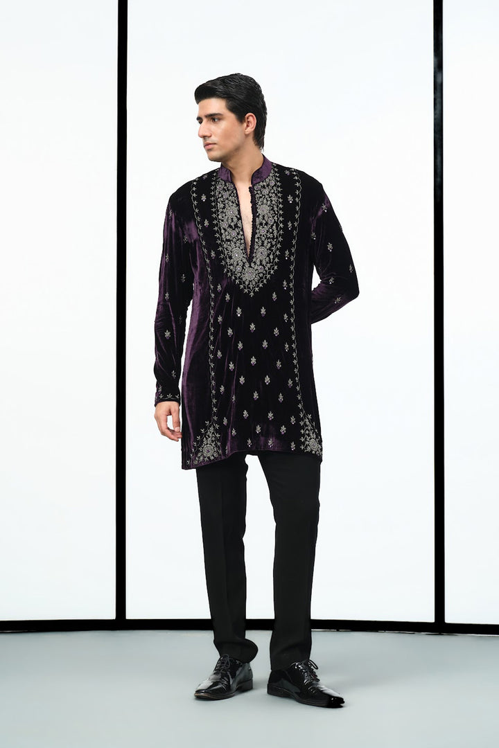 Wine gunmetal bead work kurta
