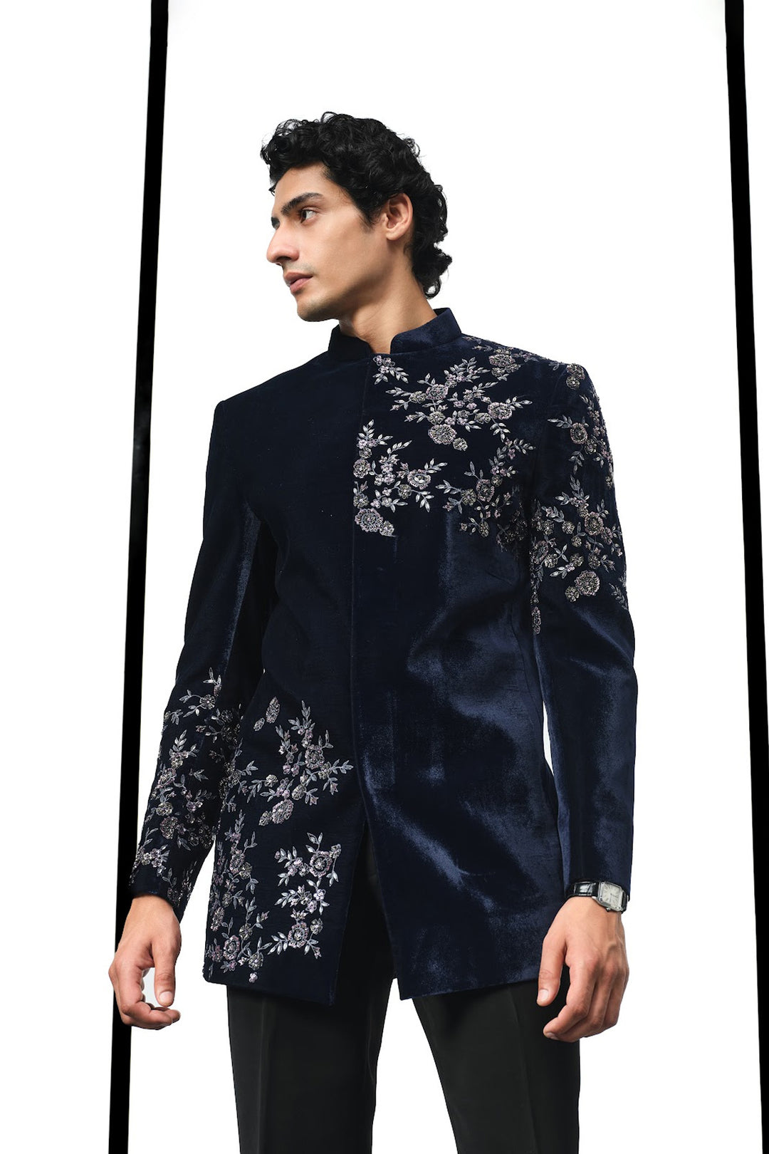 Navy shoulder placement floral bandhgala indo