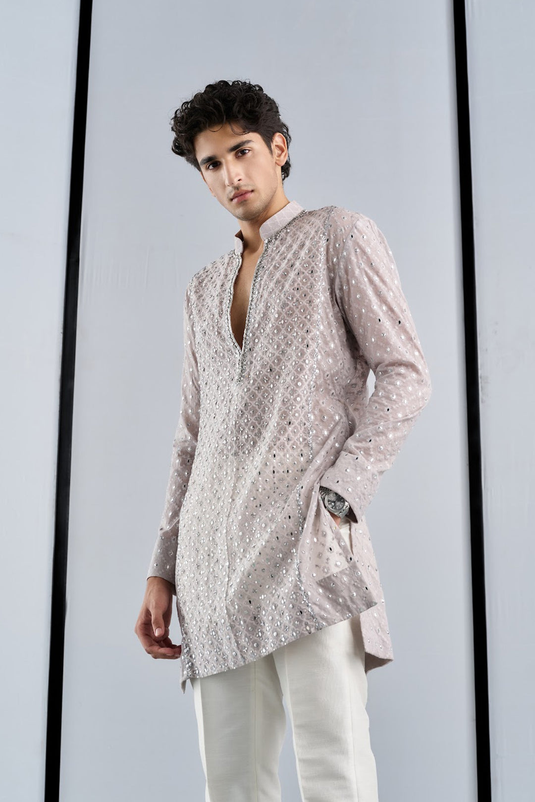 Self chandheri grey embellished kurta