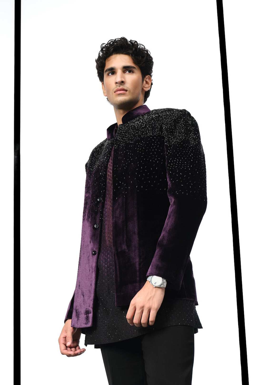 Wine velvet bandhgala set