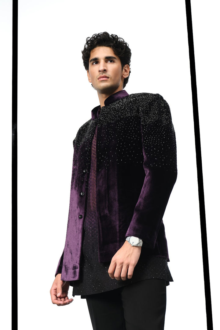 Wine velvet bandhgala set