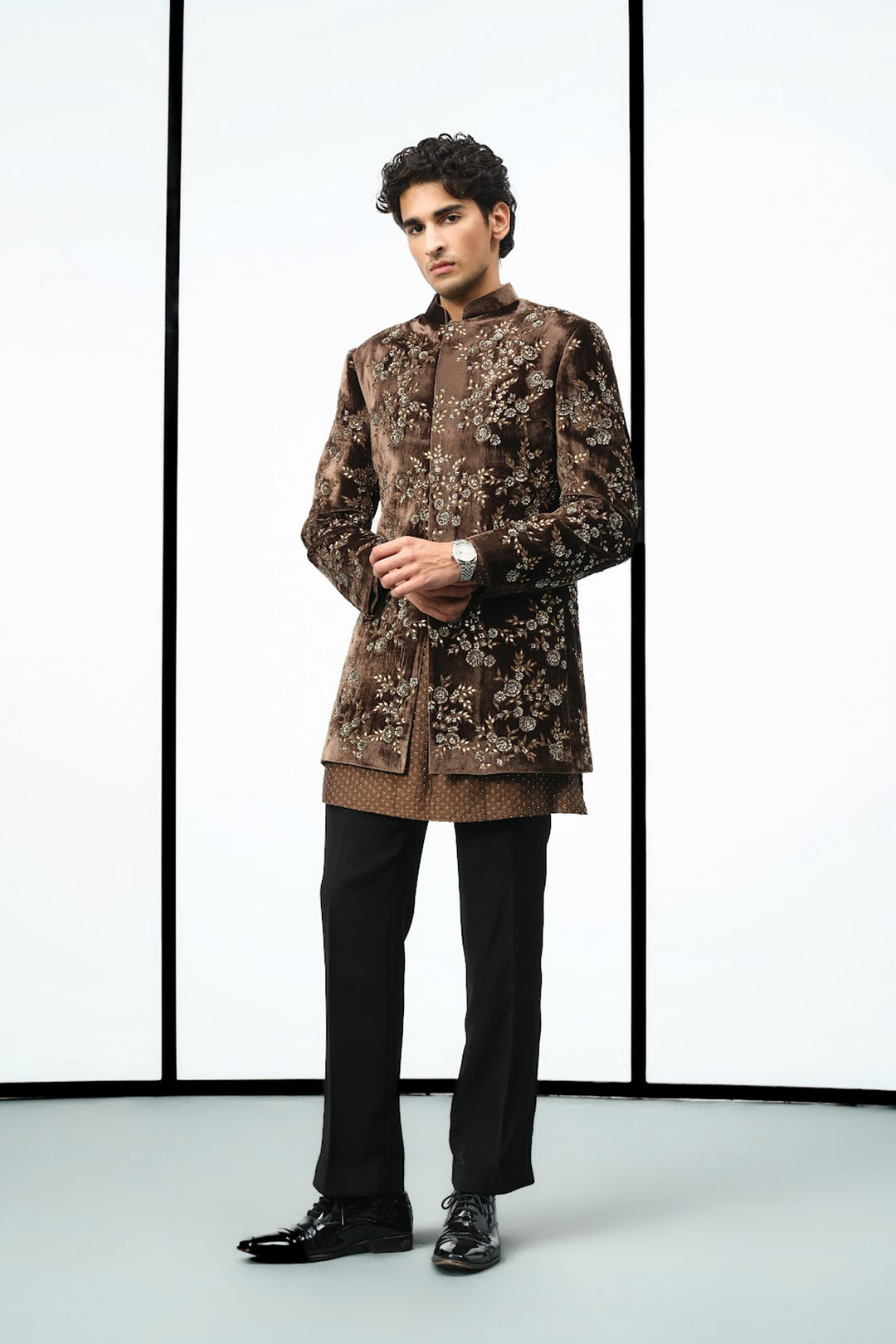 Coffee gold floral indowestern set
