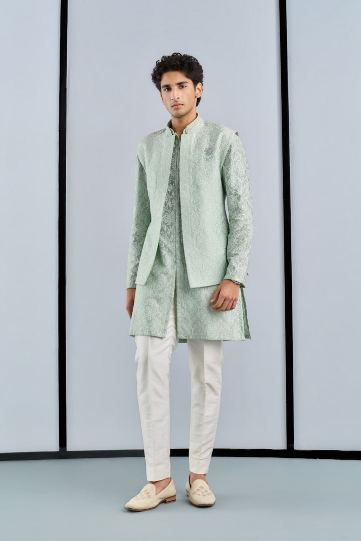 Sage green cross-stitch nehru set