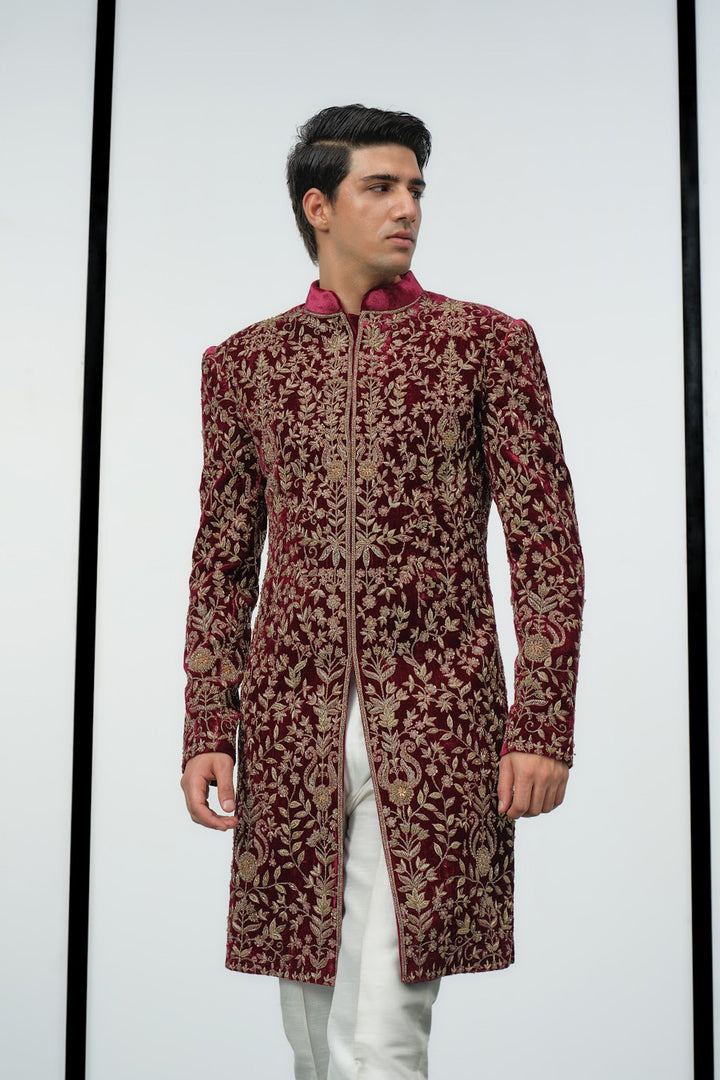 Maroon velvet sherwani
