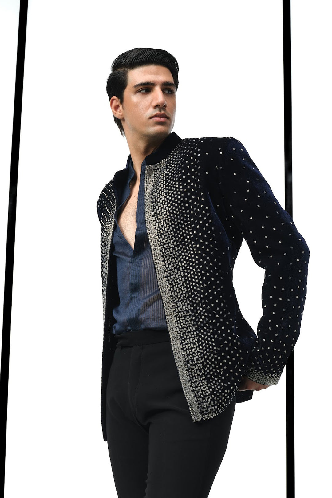 Navy velvet front panel bandhgala, crop style