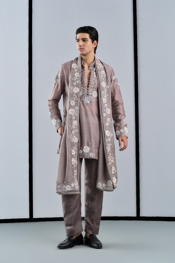 Taupe chandheri applique kurta with stole set